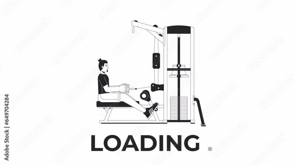 Poster muscle building with seated row machine bw loading animation. gym guy stretching outline 2d cartoon 
