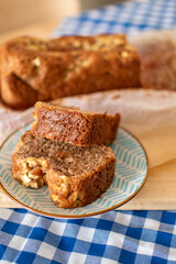 Pieces of cake on a checkered tablecloth