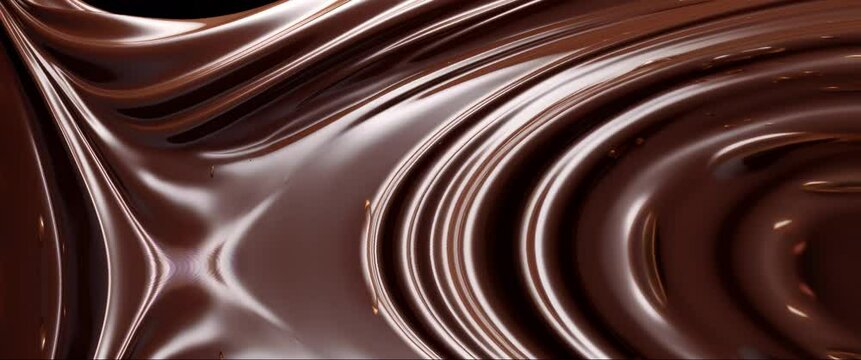Anamorphic video liquid chocolate whirlpool background. Delicious and creamy chocolate liquid loopable animation background.