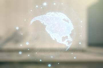 Double exposure of digital map of North America hologram on modern business center exterior background, research and strategy concept