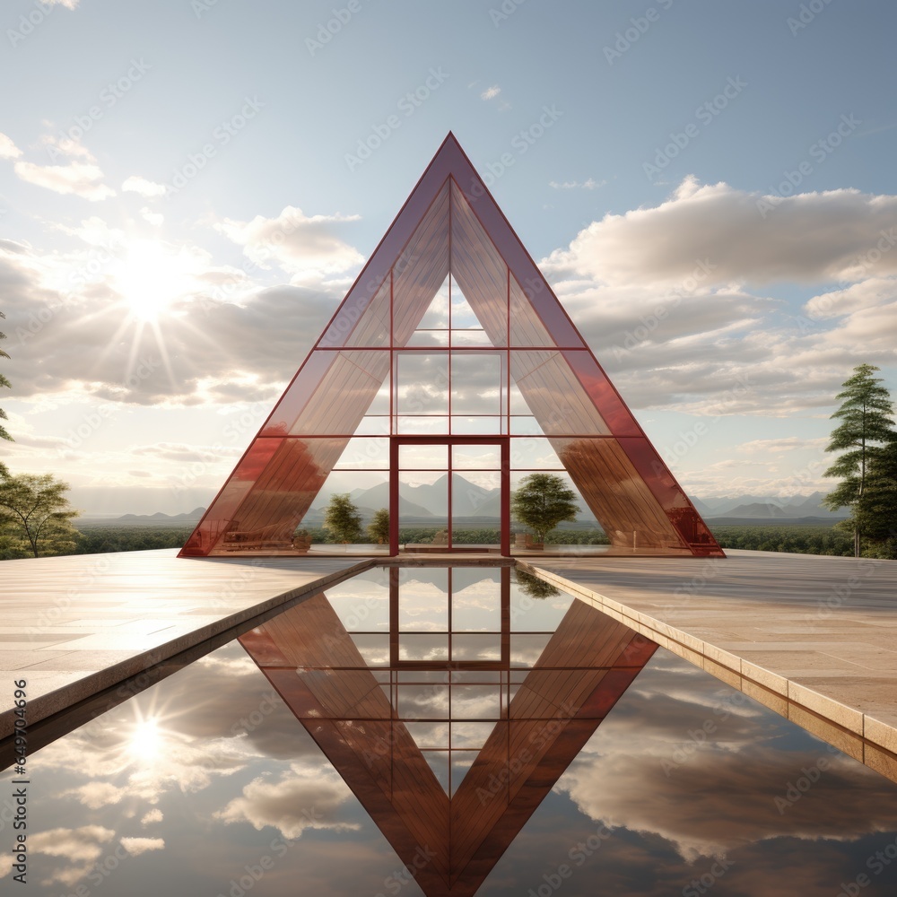 Poster a reflection of pyramid and the sun in a pool of water. imaginary architecture.