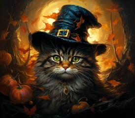 AI generated illustration of a cat in a black witch hat