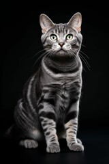 AI generated illustration of an American shorthair cat with bright eyes against a black background