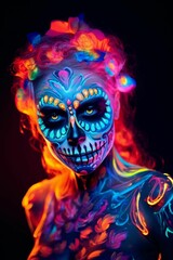 AI generated illustration of a young woman wearing human skull makeup in neon colors