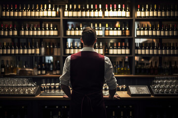Sommelier Bartender man at wine shop full of bottles with alcohol drinks, back view - obrazy, fototapety, plakaty