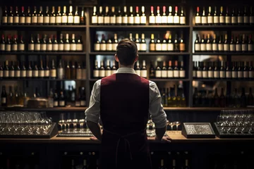 Rolgordijnen Sommelier Bartender man at wine shop full of bottles with alcohol drinks, back view © Boraryn