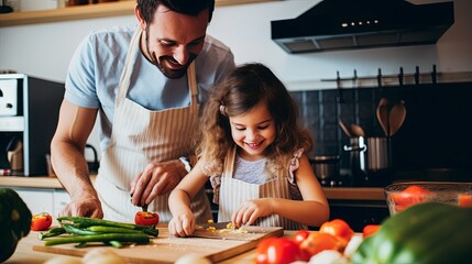 dad and child enjoy love relation cudding hobby moment in kitchen sunday morning at hime dad and daughter helping prepare breakfast for her mom in kitchen at home