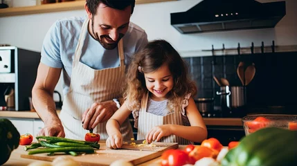 Foto op Plexiglas dad and child enjoy love relation cudding hobby moment in kitchen sunday morning at hime dad and daughter helping prepare breakfast for her mom in kitchen at home © VERTEX SPACE