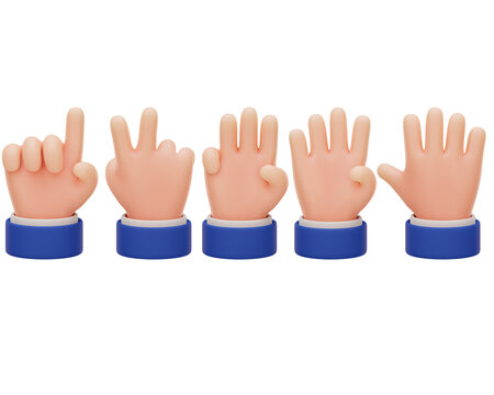 3D Cartoon Hands Counting to 5 Isolated on Transparent Background