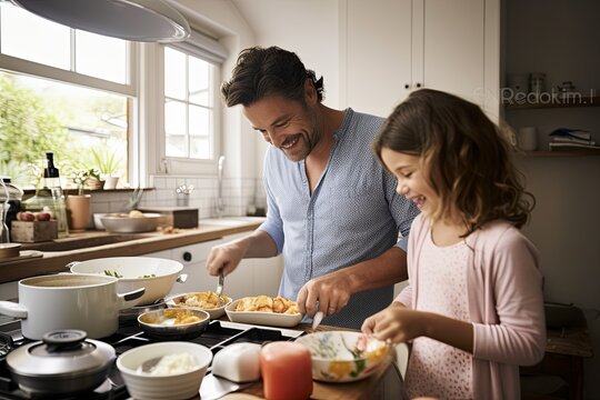 dad and child enjoy love relation cudding hobby moment in kitchen sunday morning at hime dad and daughter helping prepare breakfast for her mom in kitchen at home