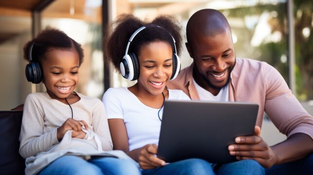 happiness joyful summertime moment family stay together using tablet technology device wath straming online movie entertain program while relax at park garden outdoor