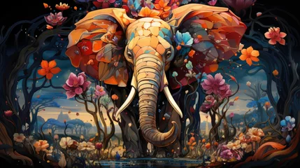 Foto op Aluminium Indian elephant in floral pattern. Abstract art print. © misu