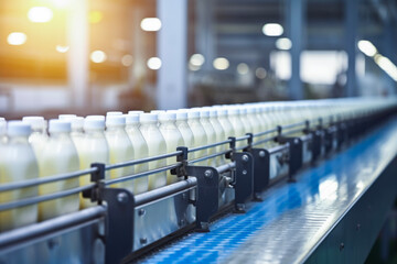 Natural lighting of bottling milk on automatic belt conveyor in modern production factory. Industry and production distribution concept. - obrazy, fototapety, plakaty