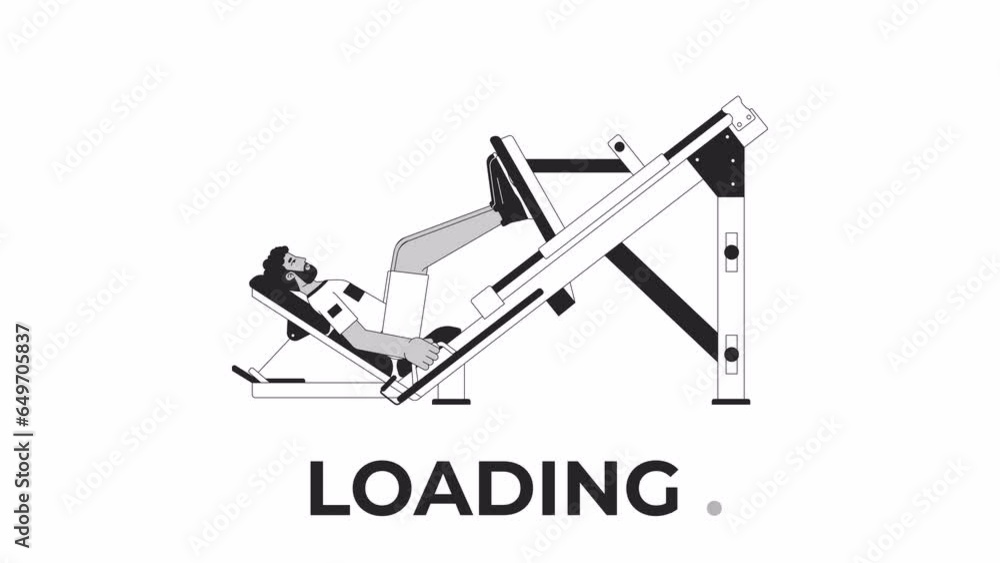 Poster muscle building with leg press machine bw loading animation. man pressing forward outline 2d cartoon