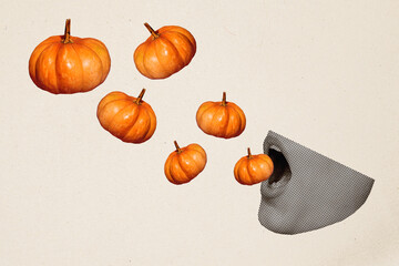Abstract creative composite illustration photo collage of girl open mouth eat pumpkin on halloween...