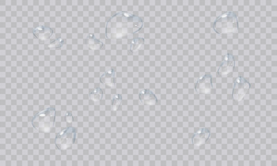 Vector water droplets. PNG droplets, condensation on glass, on various surfaces. Realistic droplets on a transparent isolated background. PNG. - obrazy, fototapety, plakaty