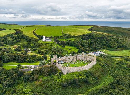 Manorbier Castle from a drone, Manorbier, Tenby, Wales, England