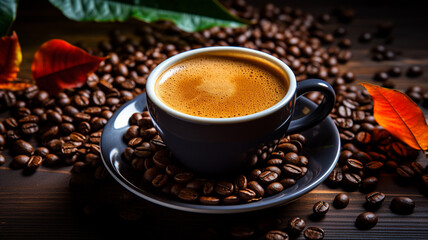 Coffee, cup of dense, hot, strong and frothy espresso