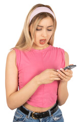 Surprised young caucasian blonde woman using mobile cell phone. Shocked face, open mouth girl holding smartphone. Looking, touching screen. Reading, messaging. Isolated transparent png.