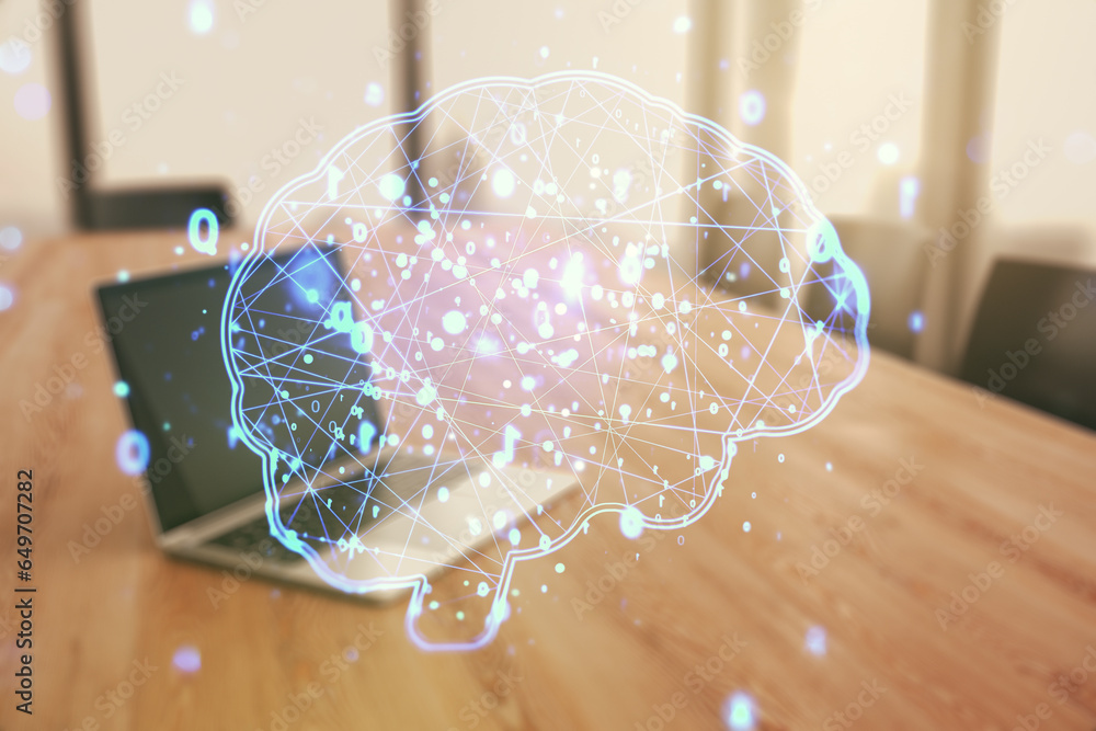 Aufkleber double exposure of creative human brain microcircuit with computer on background. future technology 