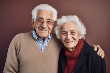 mid-shot of a 100 year old couple smiling, brown background, authentic, happy together