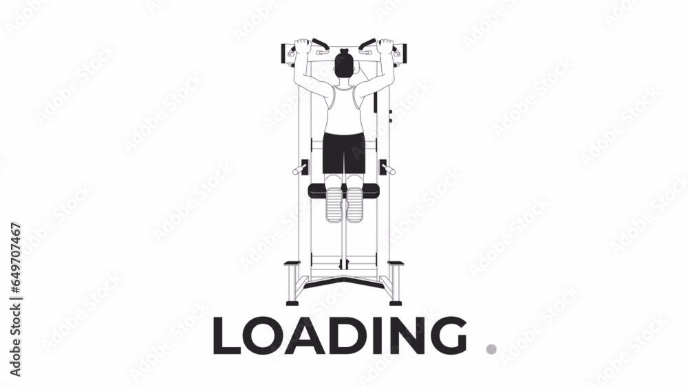 Poster muscle building with assisted pull up machine bw loading animation. stretching upper body outline 2d