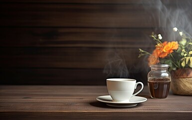 Morning bliss. Aroma of fresh espresso on wooden table. Cup of aromatic coffee. Rustic awakening