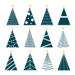 A set of doodle Christmas trees. Winter holiday design elements.