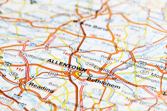 Allentown, United States - September 29, 2023: Allentown city road map. Closeup macro view