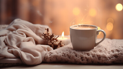 Cup of coffee with knitted plaid on windowsill at winter day