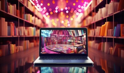 Photo of a laptop computer on a table in a quiet library - obrazy, fototapety, plakaty