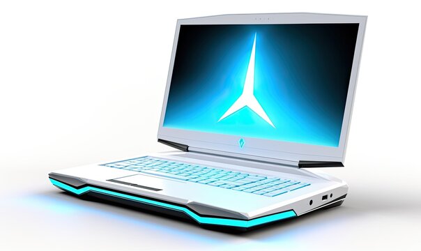 Photo of a laptop computer with a glowing logo on the screen