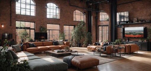 a loft living space that skillfully combines industrial and modern features. A big, wall-mounted TV and a comfortable, huge sofa complete the room's exposed brick walls and lofty ceilings. - obrazy, fototapety, plakaty