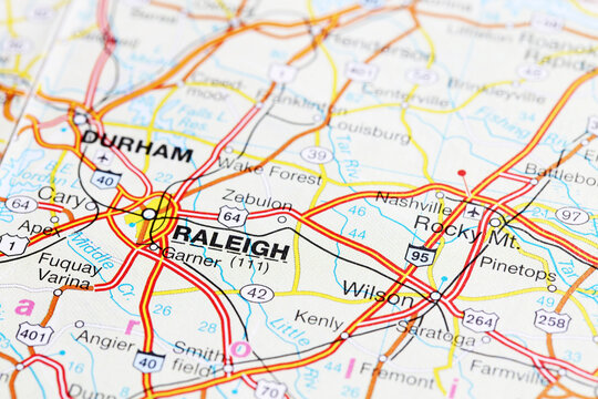 Raleigh, United States - September 29, 2023: Raleigh city road map. Closeup macro view