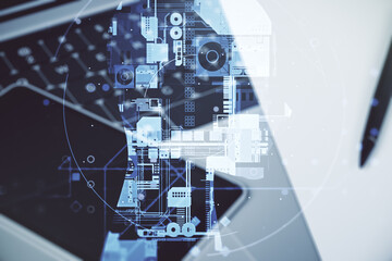 Double exposure of creative artificial Intelligence symbol with modern laptop on background. Neural networks and machine learning concept