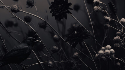 black flowers ornament on dark background gothic style - obrazy, fototapety, plakaty