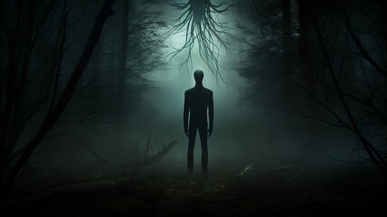 Horror a lonely silhouette in a gloomy foggy forest, maniac thriller the darkness of the night - obrazy, fototapety, plakaty