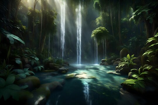 Create a 3D-rendered image of a hidden waterfall deep within the Southeast Asian jungle in the heat of August. Show the waterfall cascading into a pool surrounded by dense vegetation. Emphasize the mi