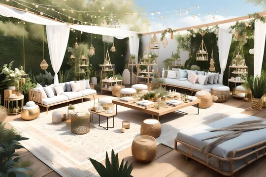 Create a 3D-rendered image of a gender-neutral outdoor birthday party set in a lush garden with a bohemian touch. Feature a long, rustic wooden table adorned with wildflower centerpieces, woven table 