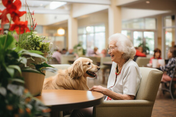 Seniors bonding with therapy dogs in a nursing home common area. - obrazy, fototapety, plakaty