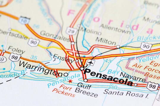 Pensacola, United States - July 29, 2023: Pensacola city road map. Closeup macro view