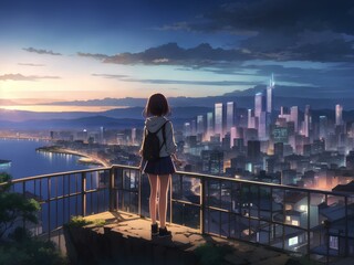 高台から街の夜景を眺めている少女　Generative AI