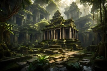 Generate a 3D-rendered image of an ancient temple hidden within the Southeast Asian jungle during a humid August day. Showcase the temple's intricate architecture amidst the overgrown vegetation. Add 