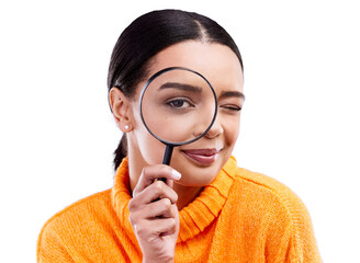Woman eye, magnifying glass and portrait and search and closeup for investigation. Detective face,...