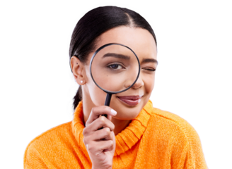 Woman eye, magnifying glass and portrait and search and closeup for investigation. Detective face, study and research with lens for inspection and check isolated on transparent, png background