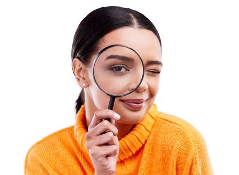 Woman eye, magnifying glass and portrait and search and closeup for investigation. Detective face, study and research with lens for inspection and check isolated on transparent, png background - Powered by Adobe