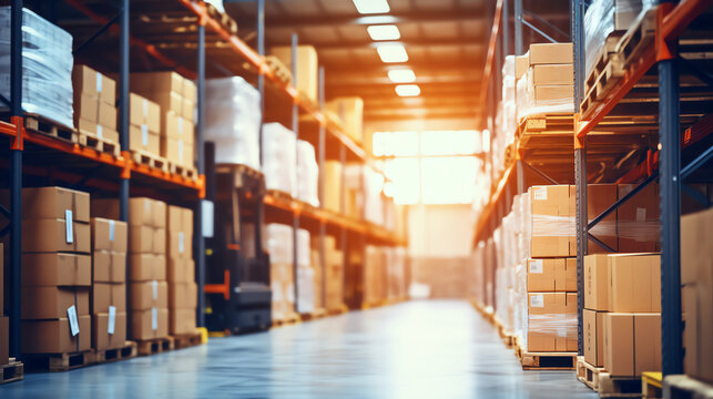 Warehouse with pallets shelves and cartons. Logistics center for transportation and product distribution bokeh background. Generative AI
