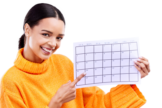 Portrait, smile and a woman pointing to a calendar date isolated on a transparent background for countdown. Happy, hand and paper schedule with a young person on PNG to remember an important event