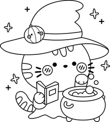 a vector of a cute cat wizard in black and white coloring