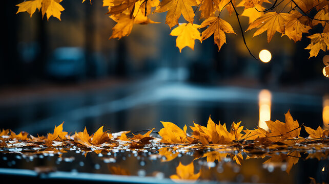 Rain Outside The Window In The Landscape Of Autumn Park And Yellow Leaves.